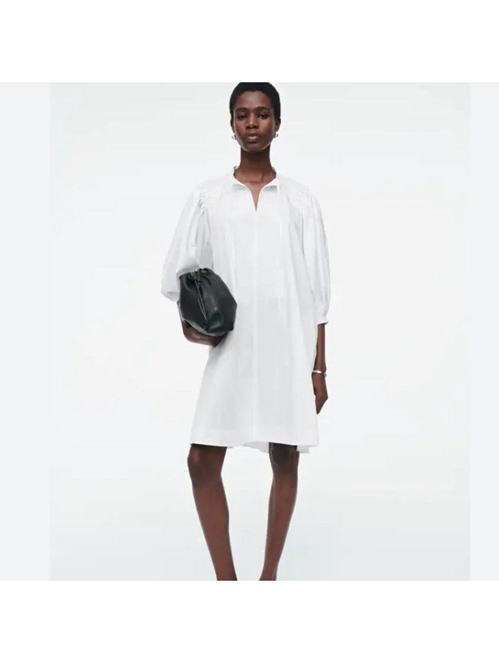 Cos White Short Sleeve A Line Cotton Knee Length Dress Pockets Us 4 / Medium